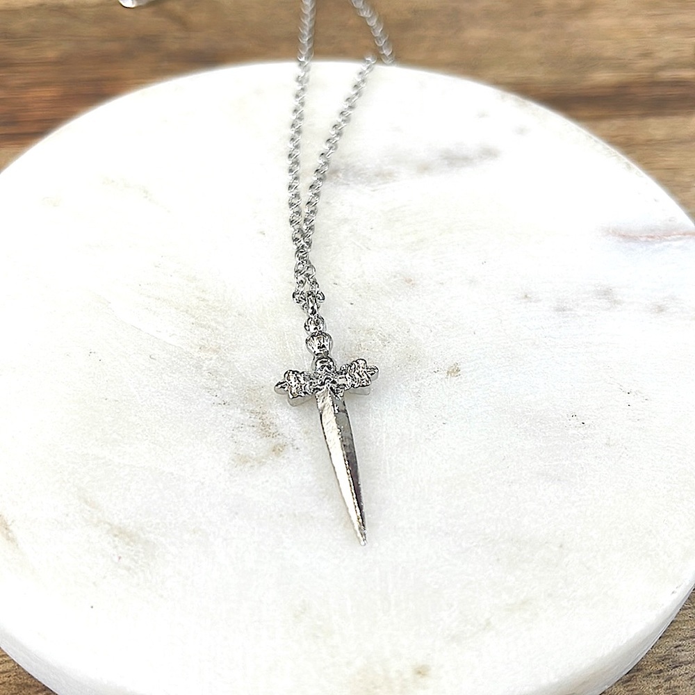 Silver Tone Dagger Cross Pendant Necklace – Gothic Sword Statement Jewelry